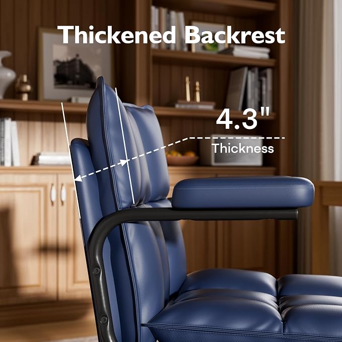 Ollega Mid Century Modern Desk Chair, Vintage Leather Office Chair, Blue | Petite Computer Chair for Small to Medium Women, Thickened Back, Cozy Seat, Adjustable Height for Home
