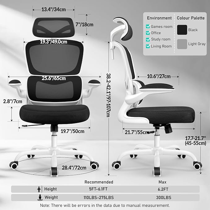 BESTFAIR High Back Ergonomic Office Chair, Breathable Mesh Desk Chair with Lumbar Support, Adjustable Headrest, Flip-up Armrests, Computer Gaming Chair, (White)