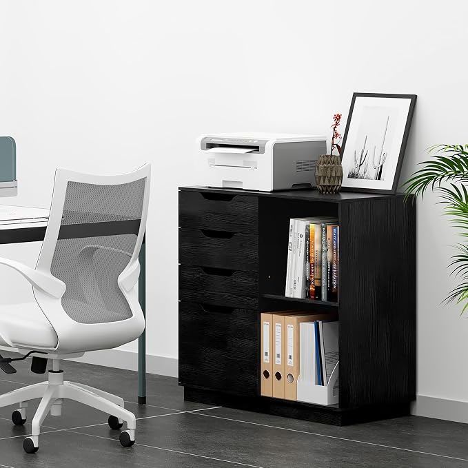 TQVAI 4 Drawer Filing Cabinet Organizer with 2 Open Shelves, Heavy Duty for Storing Letter A4 Size and Printer, Wood Lateral File Cabinets for Home Office, Hanging Files, Black, Easy Assembly