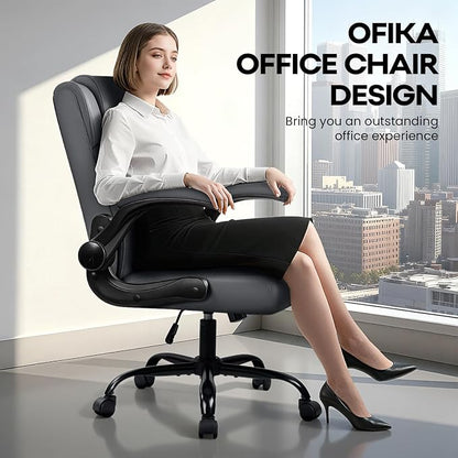 OFIKA Leather Office Desk Chair,Ergonomic Office Chair with Lumbar Support,Computer Chair,Executive Leather Chair with Padded Flip-up Arm,Adjustable Armrests, Gray,275LBS