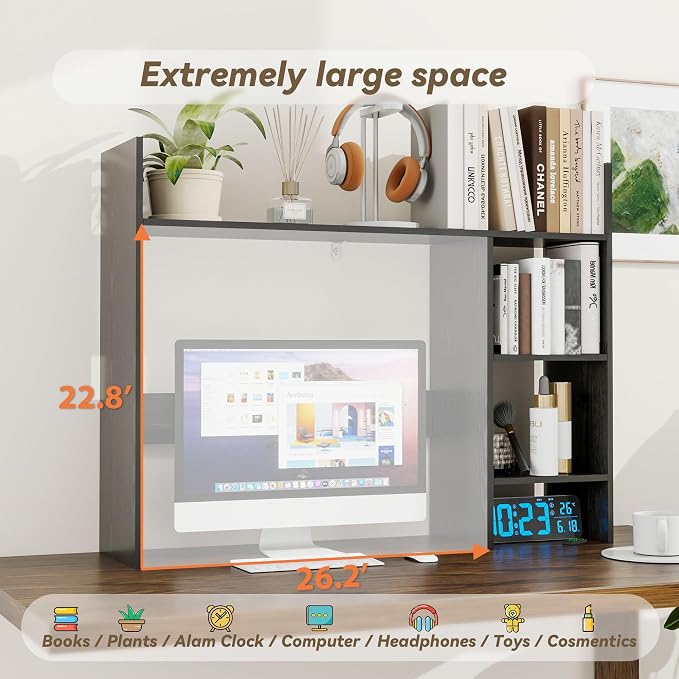 FTZxHKLX Desktop Bookshelf, Wood Desk Organizer Hutch with 3 Shelves for Computer Desk, 37.4'' Multipurpose Display Rack with Storage for College Dorm Office Home, Black