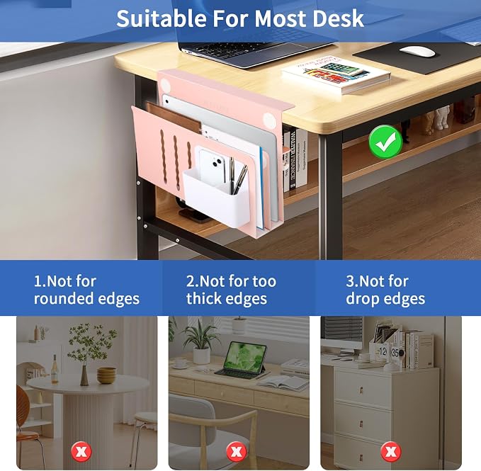 LUKETURE Desk Side Storage, 2 Tier Steel Hanging Organizer, No Drill Side Desk Organizer, Laptop Holder, with Pen Holder, Hanging Table Storage for Office Home, Fits Flat Edge Tables 0.3" to 2.8" | Sturdy Steel Double Tier Strong, Magnetic Pen Holder, ...