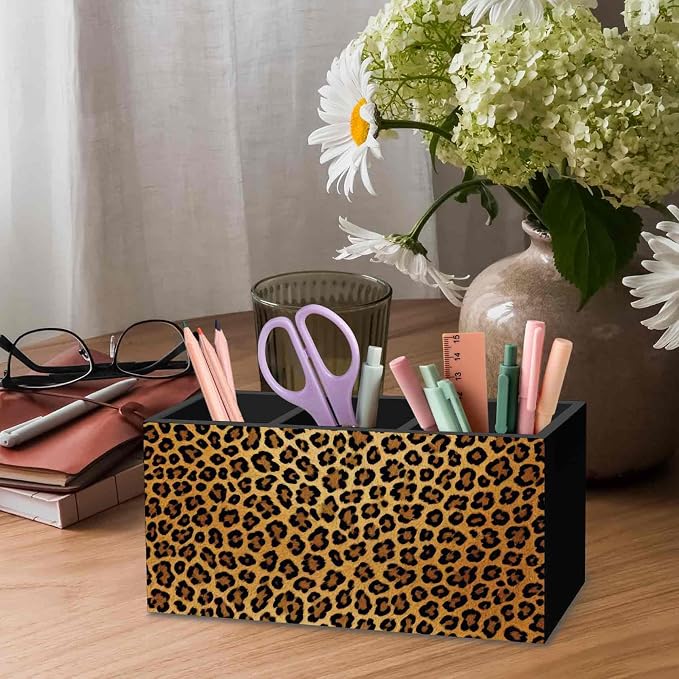 DILSJ Trendy Retro Leopard Pen Pencil Holder Organizer for Desk, Cheetah Print Room Decor, Golden Cheetah Print Office Supplies Wooden Box Signs for Women Office Desk Tabletop Decoration
