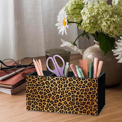 DILSJ Trendy Retro Leopard Pen Pencil Holder Organizer for Desk, Cheetah Print Room Decor, Golden Cheetah Print Office Supplies Wooden Box Signs for Women Office Desk Tabletop Decoration