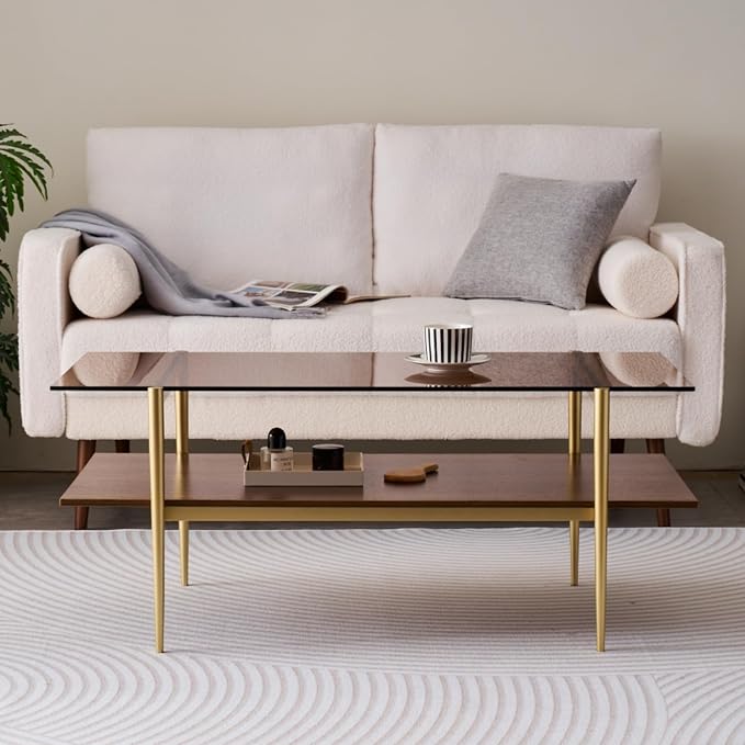 LumFurn Rectangle Coffee Table, Mid-Century Modern Design, L41 W21 x H17, for Living Room, 2-Tier Structure, Amber Glass Top and Walnut MDF Shelf, Sleek Conical Metal Legs with Gold Finish