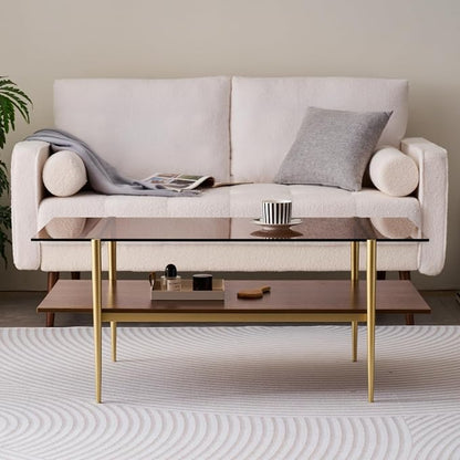 LumFurn Rectangle Coffee Table, Mid-Century Modern Design, L41 W21 x H17, for Living Room, 2-Tier Structure, Amber Glass Top and Walnut MDF Shelf, Sleek Conical Metal Legs with Gold Finish