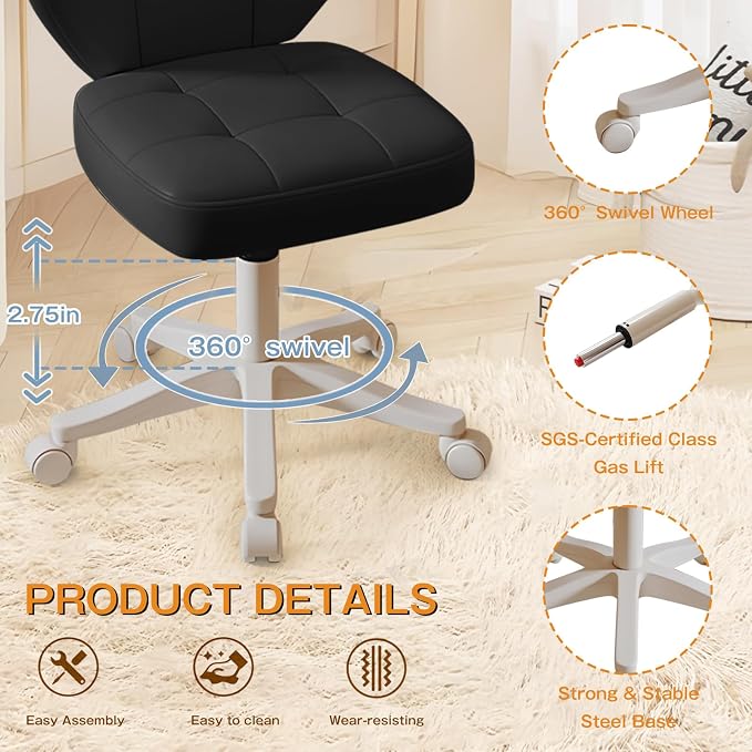 Vanity Chair with Back – Small Armless Office Chair with Wheels, Lumbar Support, PU Leather, Adjustable Height, 360° Swivel for Home, Bedroom, Office Black Set of 2