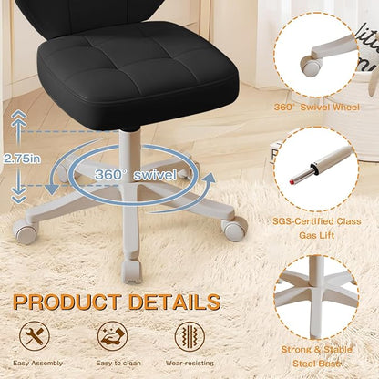 Vanity Chair with Back – Small Armless Office Chair with Wheels, Lumbar Support, PU Leather, Adjustable Height, 360° Swivel for Home, Bedroom, Office Black Set of 1
