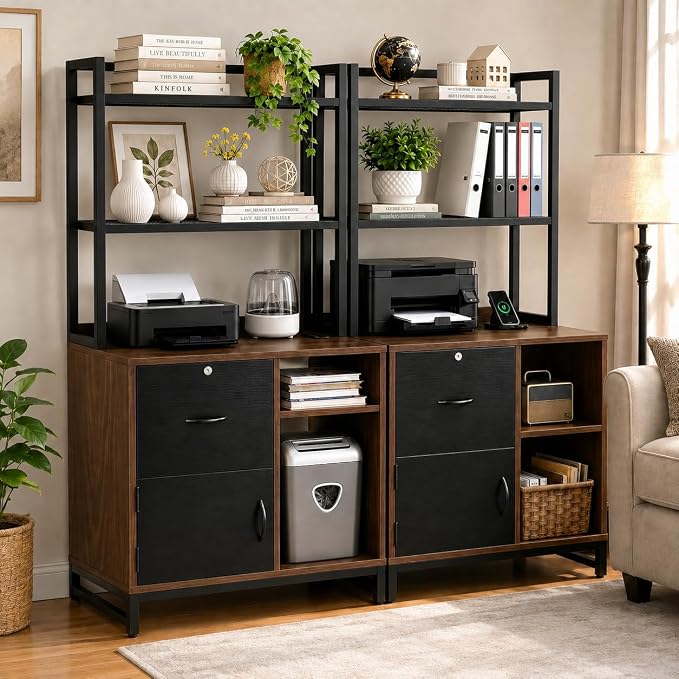 Homieasy Vertical Filing Cabinet with Lock & Charging Station, Large Drawer Wood File Cabinet with Bookshelf, Printer Stand with Open Storage Shelf, fits Letter Size for Home Office, Black and Walnut