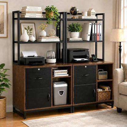 Homieasy Vertical Filing Cabinet with Lock & Charging Station, Large Drawer Wood File Cabinet with Bookshelf, Printer Stand with Open Storage Shelf, fits Letter Size for Home Office, Black and Walnut