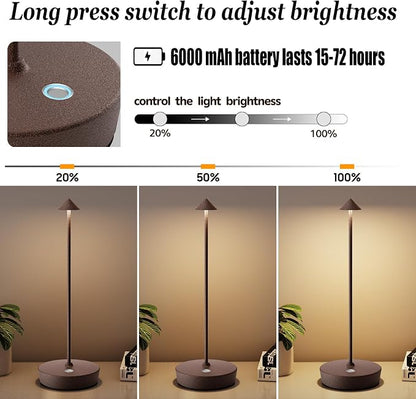 2Pack Rechargeable Cordless Table Lamp, Portable Powered LED Battery 6000mAh Metal USB Desk Lamp, 3 Levels Brightness Light for Restaurants Outdoor (2pack ferruginous)