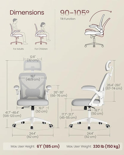 VASAGLE Ergonomic Mesh Office Chairs with Adjustable Lumbar Support and Headrest, 90-105° Tilt Function, Wide Seat, Flip‑Up Armrests, Computer Desk Chairs for Home Office, Set of 2, Dove Gray