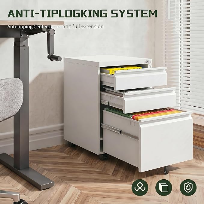 3 Drawer File Cabinet with Lock,Rolling Mobile File Cabinet with Wheels for Home Office,Under Desk Metal Filing Cabinet,Office Storage Organizer,Fully Assembled,White