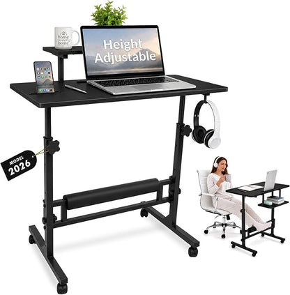 Small Rolling Desk with Wheels, Adjustable Height 27"-43.3" Portable Standing Desk, 31.5"x15.7" Tabletop, Mobile Laptop Computer Table for Home Office Workstation, Black