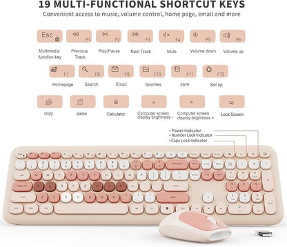 Wireless Keyboard and Mouse Combo, Cute Brown Retro Typewriter Keyboard with Number Pad, 2.4GHz USB Receiver + Type-C Adapter, Plug and Play for Laptop, Desktop, PC, Chromebook