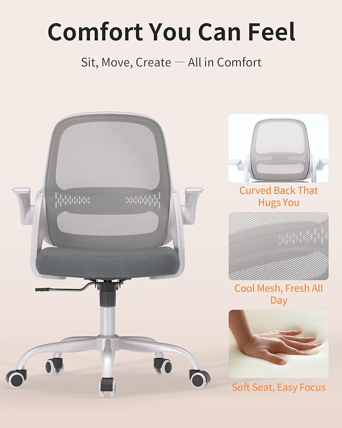 Ergonomic Mesh Office Chair with Flip-Up Arms, Adjustable Height, Breathable Mesh Back & Thick Cushion Seat, 360° Swivel Rolling Computer Desk Chair, BIFMA Certified, Supports 302 lbs（Gray）