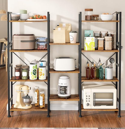Furologee Triple 4 Tier Bookshelf, Bookcase with 11 Open Display Shelves, Large Book Shelf with 6 Hooks, Rustic Bookshelves Storage Organizer, Decorative Shelving Unit for Living Room, Home Office