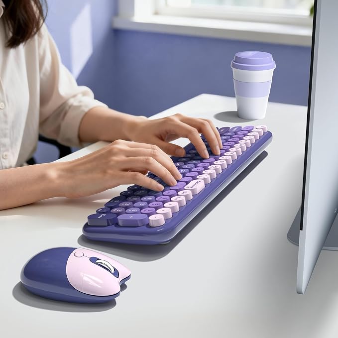 MOFII Wireless Keyboard and Mouse Combo, Compact Small Keyboard with Large Print, 2.4GHz Retro Typewriter Keyboard, Quiet Click Mouse for PC, Laptop, Desktop, Windows (Purple Gradient)
