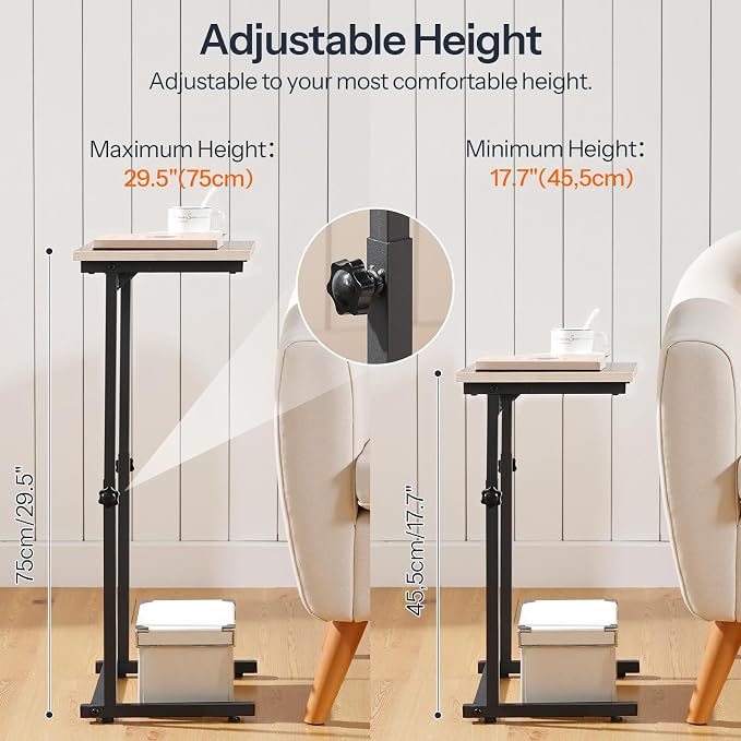 HOOBRO C Shaped End Table, Adjustable Height Sofa Side Table, Slide Under Couch Table, C Shaped Side Table for Small Spaces, for Living Room, Bedroom, Greige and Black BG71SF01