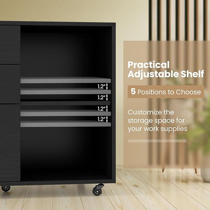 3 Drawer File Cabinet, Wood Lateral Filing Cabinet for Hanging Letter, A4, Legal Size, Rolling Printer Stand with Adjustable Shelf, Under Desk Storage for Home Office (Black)