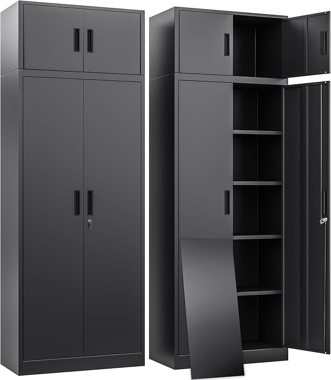 BESFUR Metal Storage Cabinet 87" H,Tall Locking Storage Cabinets with Top Cabinet and 4 Adjustable Shelves for Home Office, Garage,School, Apartment, Warehouse, Utility Room，Black