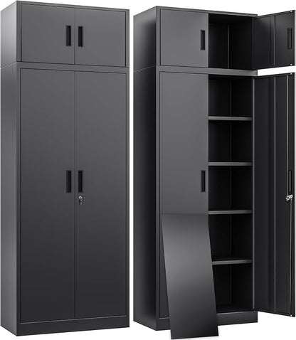 BESFUR Metal Storage Cabinet 87" H,Tall Locking Storage Cabinets with Top Cabinet and 4 Adjustable Shelves for Home Office, Garage,School, Apartment, Warehouse, Utility Room，Black