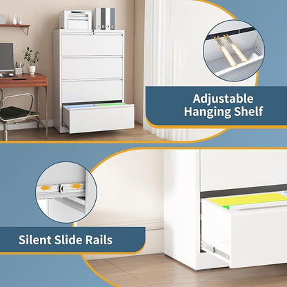 4 Drawer File Cabinet with Lock, Lateral Filing Cabinets,Metal Storage Filing Cabinets for Home Office, Heavy Duty File Cabinet for Letter/Legal/A4/F4 Size Amsseble Required, White