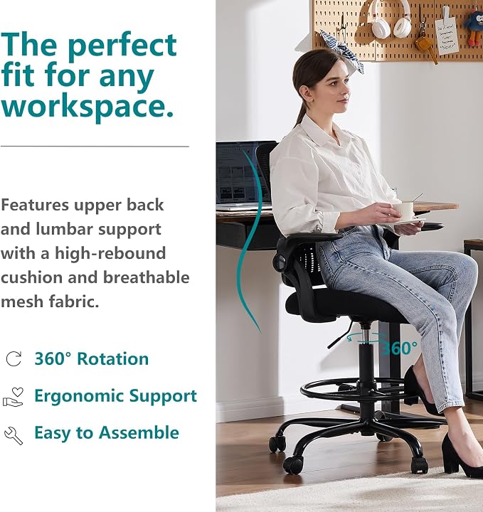 DUMOS Drafting Chair for Standing Desk, Counter Height Adjustable, Flip-up Arms, Ergonomic Mid Back Mesh Rolling Work 360° Swivel Office Computer Chairs with Wheels, for Bedroom Livingroom, Ink
