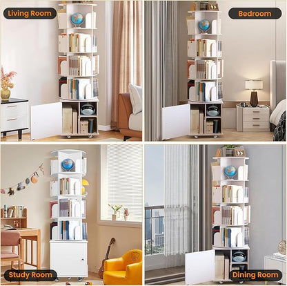 RUNSUNSPRI 6 Tier Rotating Bookshelf Spinning Bookshelf Tower 360° Revolving Bookcase with Storage Cabinet Corner Organizer Storage Round Carousel with Wheels, White