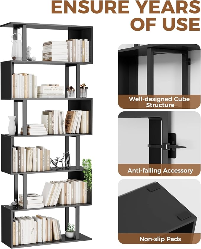 Gadroad 6 Tier Geometric Bookcase, Black Book Shelves, Modern Corner Bookcase Storage Shelf Wood for Bedroom, Living Room, Home Office, Black
