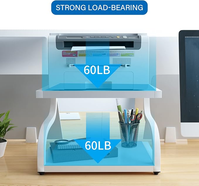 PUNCIA 2 Tier Wood Printer Stand with Storage Heavy Duty Desktop Shelf | White Modern Minimalist Style Fits Laser Printers Copiers Fax Machines, Organizer for Home Office Dorm Small Spaces