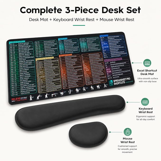 Excel Cheat Sheet Mouse Pad Set, 3-Piece XXL Excel Shortcut Desk Mat with Keyboard Wrist Rest & Mouse Wrist Rest, Non-Slip Spreadsheet Reference Pad for Office, Accountants, Students, Carbon Black