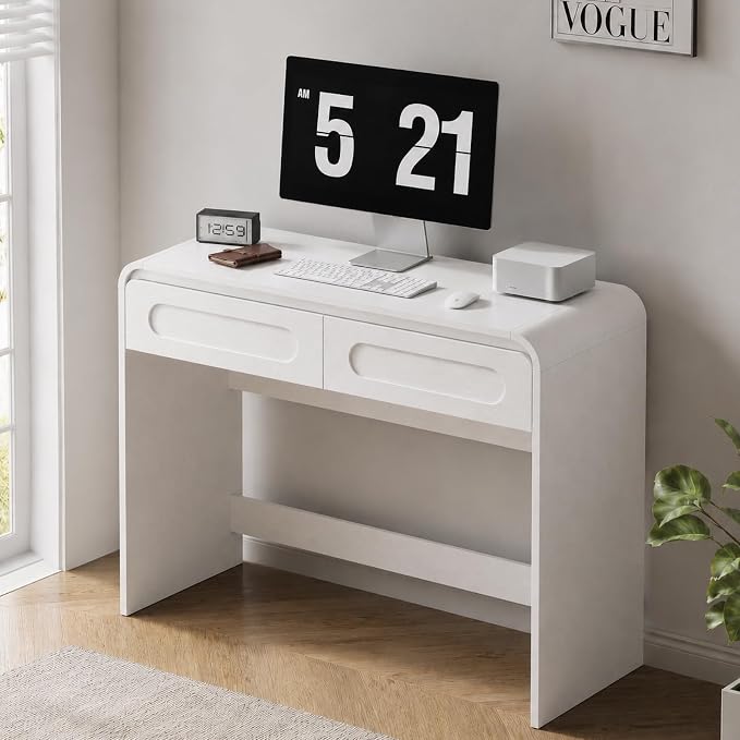 Writing Desk with 2 Drawers, Home Office Computer Desk for Small Spaces | White Study Desk for Bedroom, Compact Workstation Table, Vanity Desk for Apartment and Dorm Room