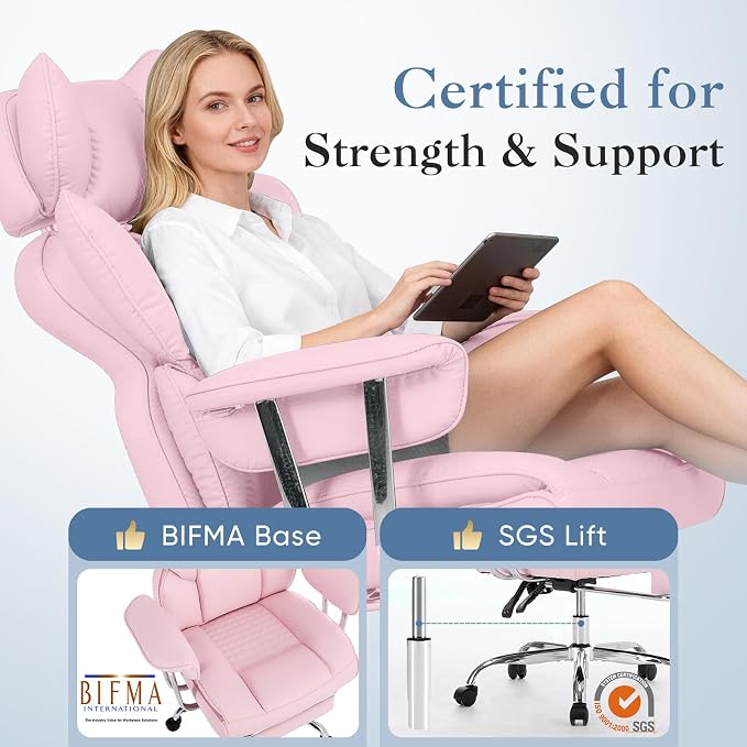 DUMOS Big and Tall Office Chair 400 LBS, Scratch-Resistant PU Leather Executive Office Desk Chair with Footrest, Ergonomic Reclining Computer Chairs with Pocket Spring Support, Pink
