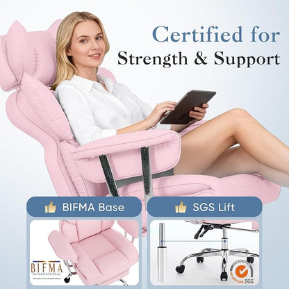 DUMOS Big and Tall Office Chair 400 LBS, Scratch-Resistant PU Leather Executive Office Desk Chair with Footrest, Ergonomic Reclining Computer Chairs with Pocket Spring Support, Pink