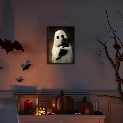 Framed Vintage Halloween Ghost Wall Art, Cute Ghost Hugging Black Cat Canvas Print, Cozy Dark Academia Gothic Halloween Decor for Living Room Bedroom, 12x16in Wood Frame