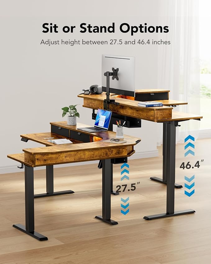 HUANUO 65″ L-Shaped Standing Desk with 3 Drawers, Vintage Brown | Built-in Power Outlets, LED Strip, Smooth Electric Height Adjustment, 4 Memory Presets, 220 lbs Capacity, Power Strip Holder