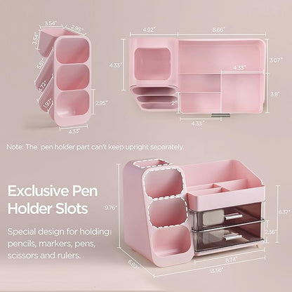 HBlife Desk Organizer with Pen Pencil Holder for Desk, Pen Organizer with 2 Drawers, Desk Organizers and Accessories with 4 Compartments, Desktop Storage for Office Home School Art Supplies, Pink