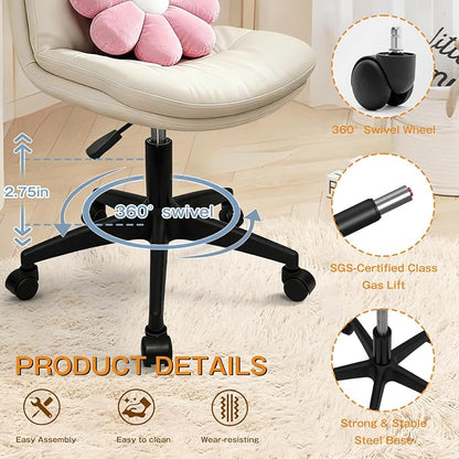 Small Office Desk Chair, PU Leather Armless Swivel Chair with Lumbar Pillow, Height Adjustable Task Chair for Small Spaces, Bedroom & Vanity Beige