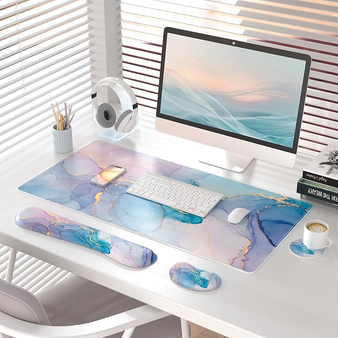 QIYI Leather Desk Mat Set, 4-in-1 Large Mouse Pad with Ergonomic Wrist Rest, Waterproof Desk Pad + Keyboard Wrist Rest +Mouse Wrist Support+Coaster, Non-Slip Office Gaming Accessories, Blue Pink Fluid