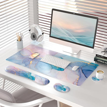 QIYI Leather Desk Mat Set, 4-in-1 Large Mouse Pad with Ergonomic Wrist Rest, Waterproof Desk Pad + Keyboard Wrist Rest +Mouse Wrist Support+Coaster, Non-Slip Office Gaming Accessories, Blue Pink Fluid