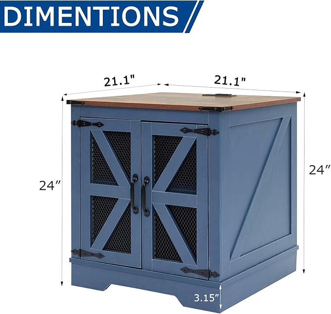 Farmhouse End Table Set with Charging Station, Living Room Tables with Hidden Storage, Wood Square Sofa Bedside Tables, Night Stand with Power Outlet and Door, Blue