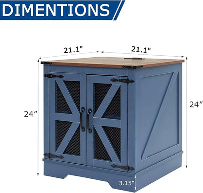 Farmhouse End Table Set with Charging Station, Living Room Tables with Hidden Storage, Wood Square Sofa Bedside Tables, Night Stand with Power Outlet and Door, Blue