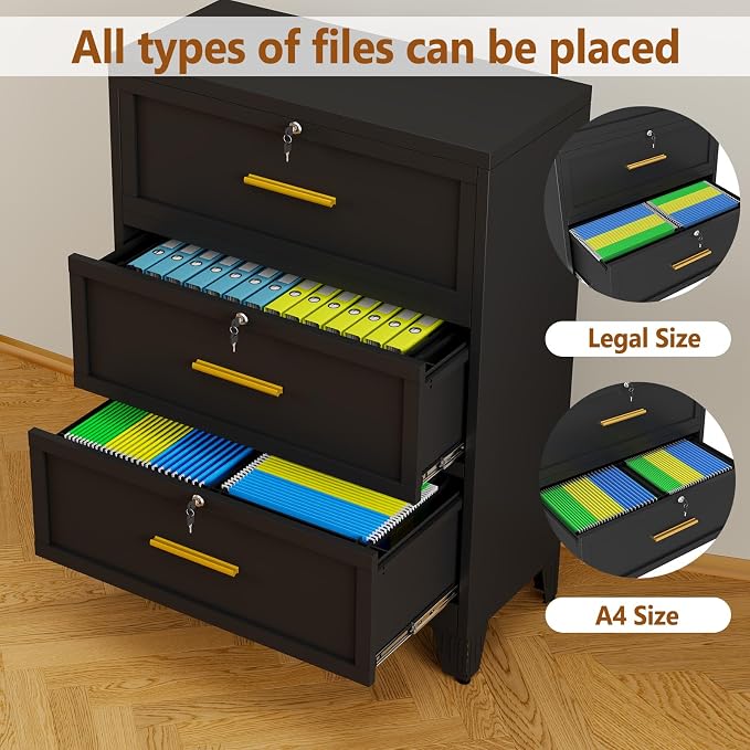 Metal Lateral File Cabinet with Lock,3 Drawer Steel Wide Filing Organization Storage Cabinets for Legal/Letter/A4/F4 Size with Hanging Files&Key,Lockable Printer Stand for Home Office, Black
