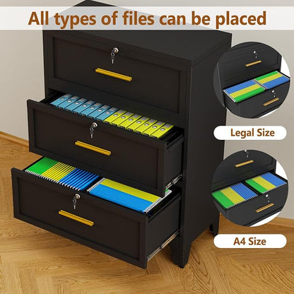 Metal Lateral File Cabinet with Lock,3 Drawer Steel Wide Filing Organization Storage Cabinets for Legal/Letter/A4/F4 Size with Hanging Files&Key,Lockable Printer Stand for Home Office, Black