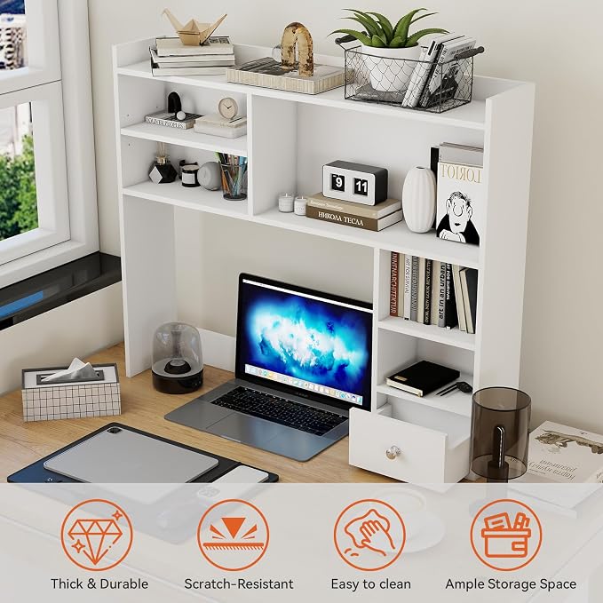 ELECWISH Desktop Bookshelf, Desk Hutch with Drawer for Computer Desk, 35.04" 6-Tier Adjustable Desktop Shelf Organizer for Home Office, White