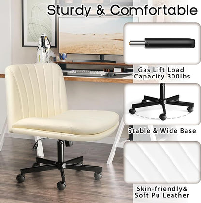 PUKAMI Criss Cross Chair,Comfy Cross Legged Office Desk Chair No Wheels,Modern Fabric Swivel Adjustable Height Mid Back Wide Seat for Home Office Computer (Pu Beige with Wheels)