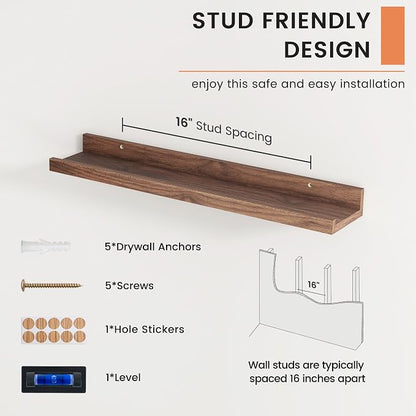 FLYJOE Picture Ledge Shelf, Floating Shelves Set of 2, 24 Inches Nursery Book Shelves for Toys Storage, Kids Bookshelf Wall Mounted for Living Room Bedroom Decor Books Photo Frames, Walnut
