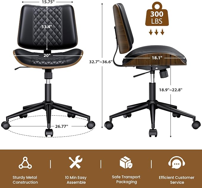 REONEY Home Armless Office Chair Set of 2, Modern Walnut Desk Chair with Wheels, Adjustable Swivel Rolling Task Chair with Curved Back for Reading,Meeting Room, Black