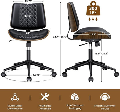 REONEY Home Armless Office Chair Set of 2, Modern Walnut Desk Chair with Wheels, Adjustable Swivel Rolling Task Chair with Curved Back for Reading,Meeting Room, Black